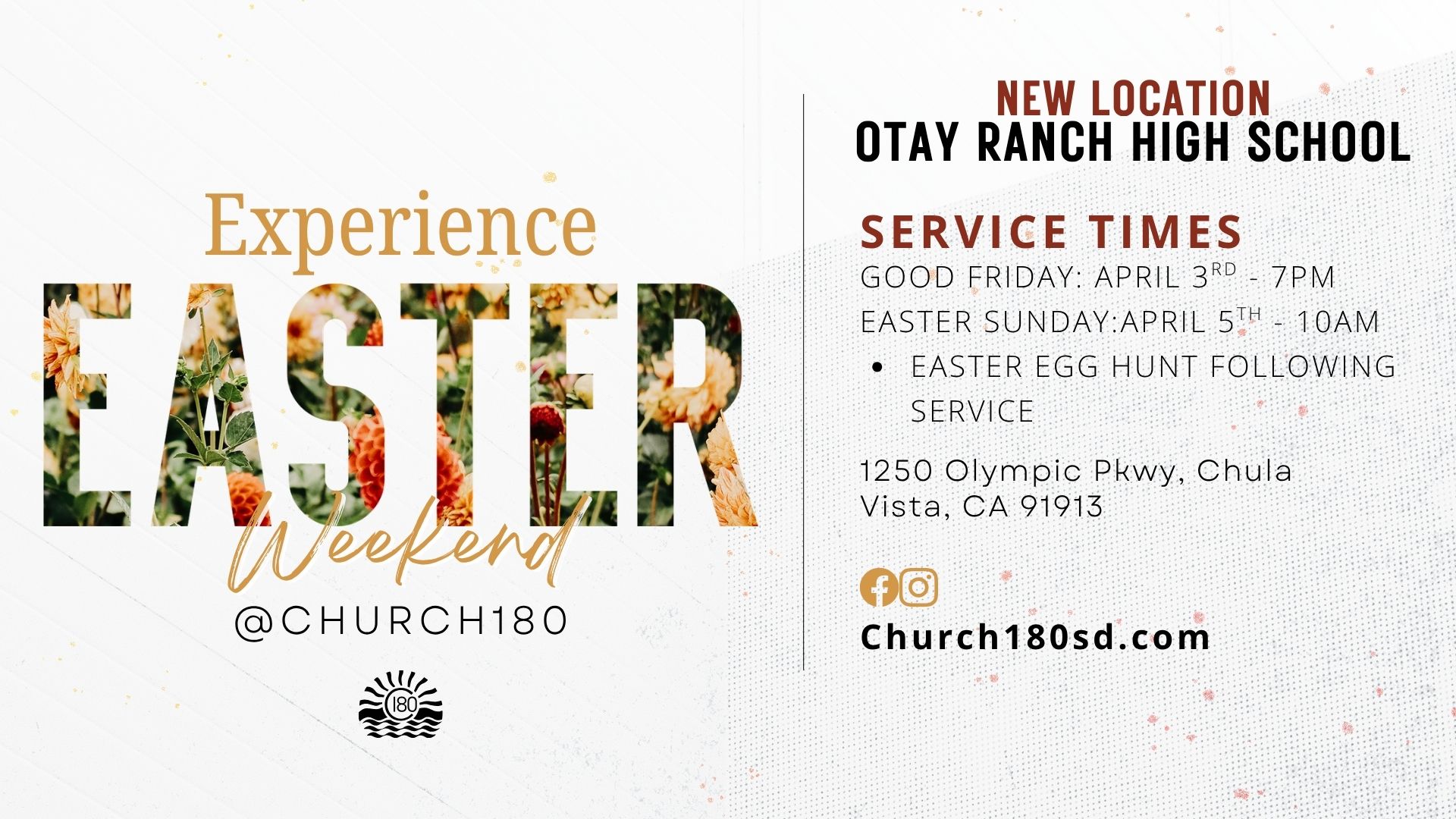 Chula Vista Easter Service at a Christian Church. Church 180 is welcoming you to an Easter Service this Sunday in South San Diego